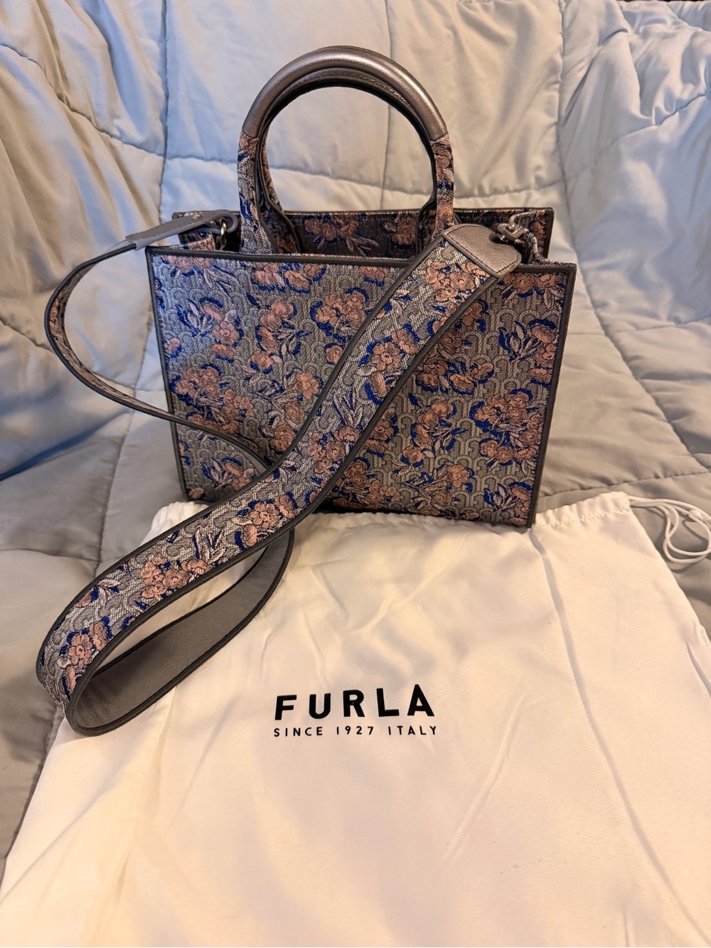 Furla Floral Jacquard Satchel in Blue and Pink
